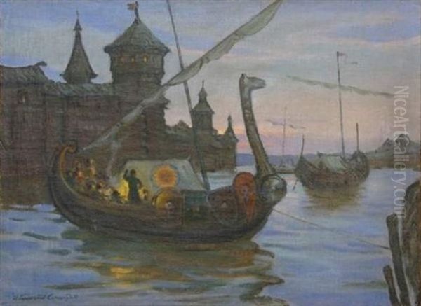 Drakkar Sur La Volga Oil Painting by Ivan Silych (Silovich) Goryushkin-Sorokopudov