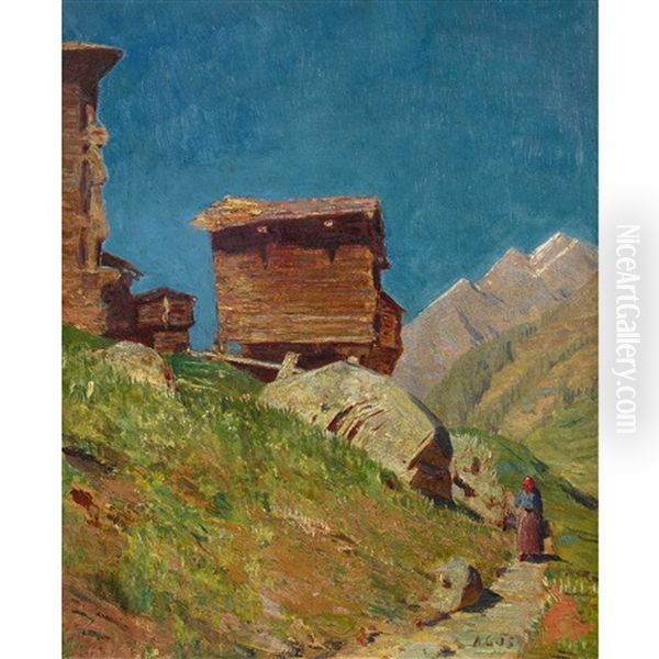 Mazots Dans La Vallee De Zermatt Oil Painting by Albert Henri John Gos