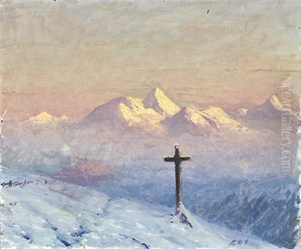 Wegkreuz Vor Hochgebirge In Verschneiter Landschaft Oil Painting by Albert Henri John Gos