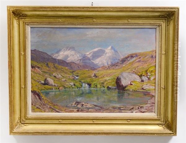 Mountain And Lake Scene by Albert Henri John Gos