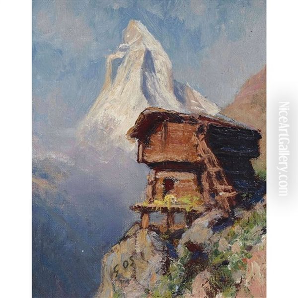 Walliser Stadel Vor Matterhornkulisse Oil Painting by Albert Henri John Gos