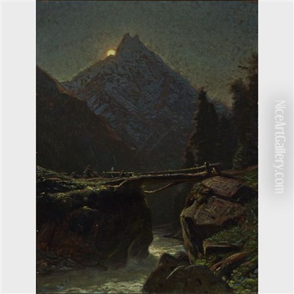 Mountain And Bridge At Night Oil Painting by Albert Henri John Gos