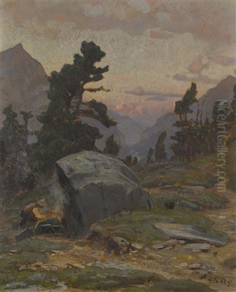 Gebirgslandschaft Im Abendrot Oil Painting by Albert Henri John Gos