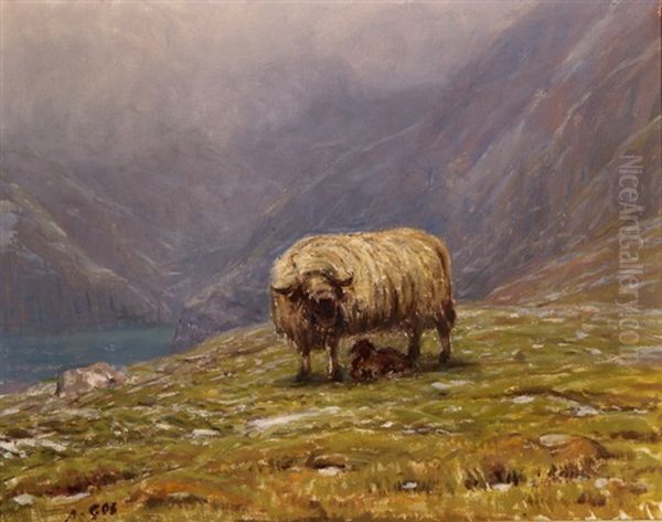 Berglandschaft Mit Schafbock Und Seiner Nachkommenschaft Oil Painting by Albert Henri John Gos