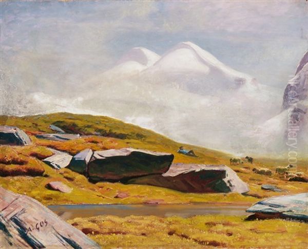 Schafer Mit Schafherde Mit Blick Auf Breithorn Oil Painting by Albert Henri John Gos