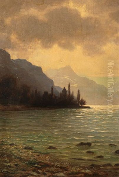 Landschaft Am Ufer Eines Sees Mit Blick Auf Eine Bergkette Oil Painting by Albert Henri John Gos