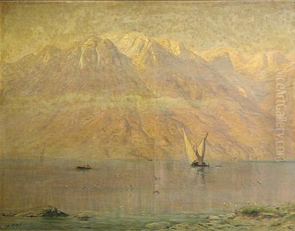 A Calm Lake At Sunset Oil Painting by Albert Henri John Gos