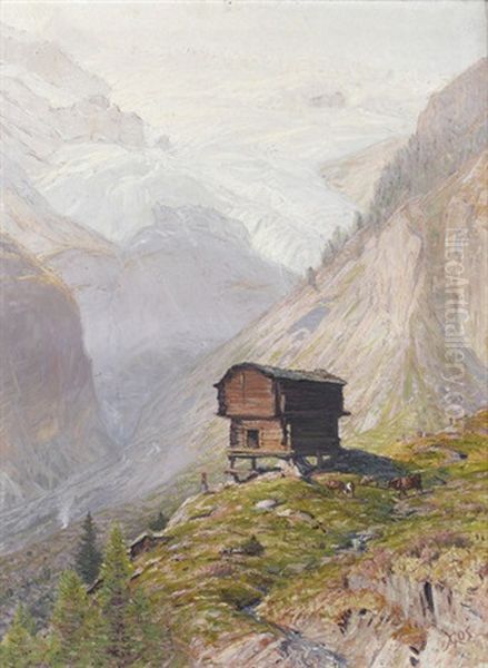 Walliser Alpenlandschaft Mit Kleiner Viehherde Oil Painting by Albert Henri John Gos