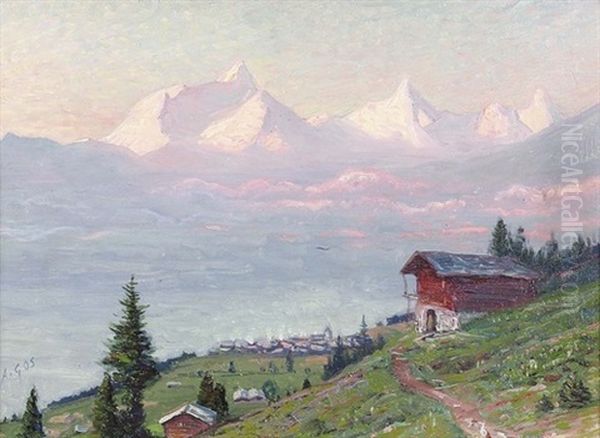 Weisshorn, Rothorn, Gabelhorn De Montana Oil Painting by Albert Henri John Gos