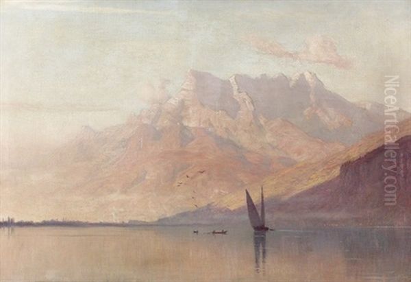 Lac Leman Avec Les Dents Du Midi Au Soir Oil Painting by Albert Henri John Gos