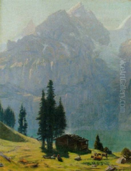 Hirtenpartie In Den Alpen Oberhalb Eines Sees Oil Painting by Albert Henri John Gos