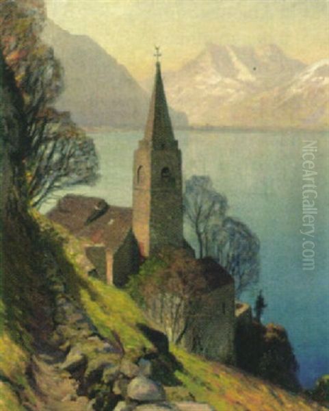 Die Steinkirche Uber Dem See Oil Painting by Albert Henri John Gos