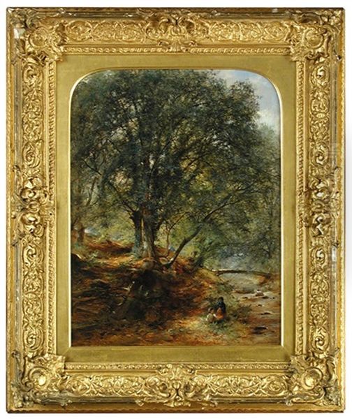 Two Children Picnicking By A Woodland Stream Oil Painting by William Gosling