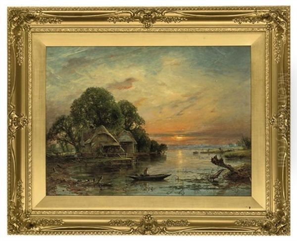 An Angler On The River At Sunset Oil Painting by William Gosling