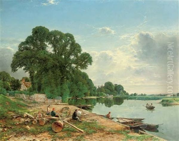 On The Thames - Moulsford Ferry - Near Reading Oil Painting by William Gosling