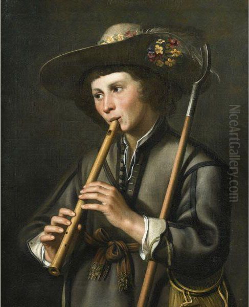 A Shepherd Playing The Pipes Oil Painting by Johan Baeck