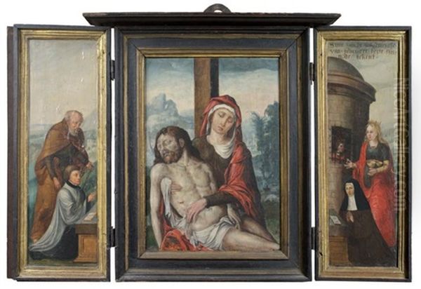 Pieta Entre Les Donateurs Et Leurs Saints Patronymes (triptych, Various Sizes) Oil Painting by Jan Gossaert