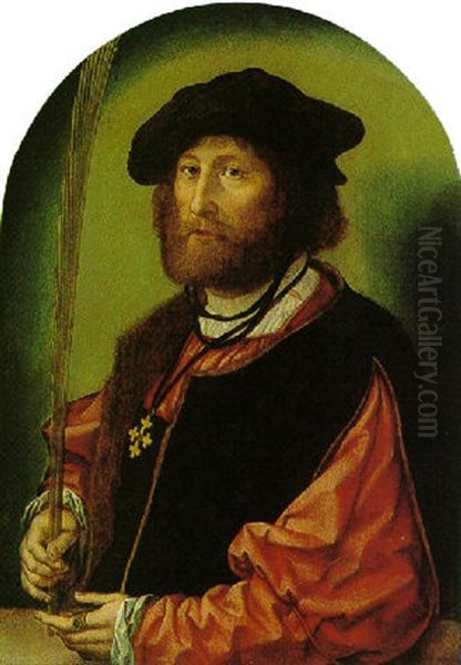 Portrait Of Ruben Perduyn Holding A Palm And Wearing A Black Hat And A Fur-lined Coat Over A Red Costume Oil Painting by Jan Gossaert