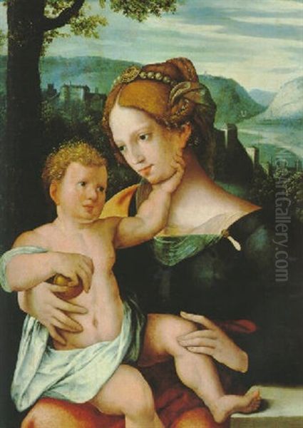 Maria Mit Dem Kind In Einer Hugeligen Fluslandschaft Mit Einer Burg Oil Painting by Jan Gossaert