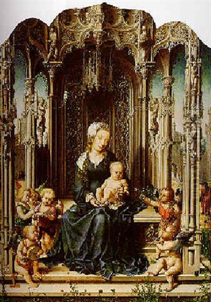 The Madonna And Child Enthroned Accompanied By Six Music-making Angels by Jan Gossaert