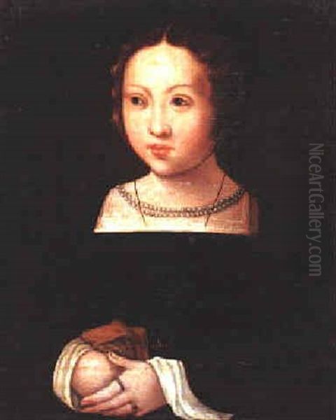 Portrait Of A Girl, Bust Length, Wearing A Double String Of Pearls, Clasping A Pair Of Gloves Oil Painting by Jan Gossaert