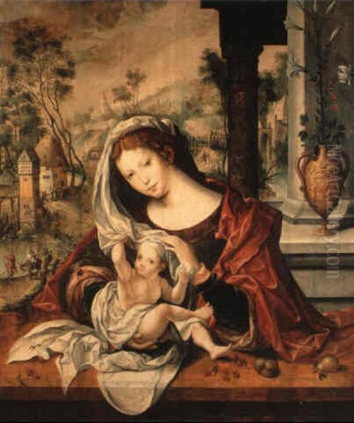 The Madonna And Child , The Flight Into Egypt In A Wooded Valley Beyond Oil Painting by Jan Gossaert