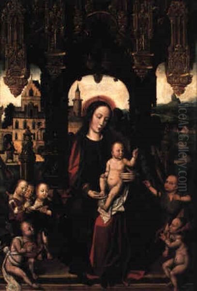 Madonna And Child Enthroned, Angels Nearby Oil Painting by Jan Gossaert