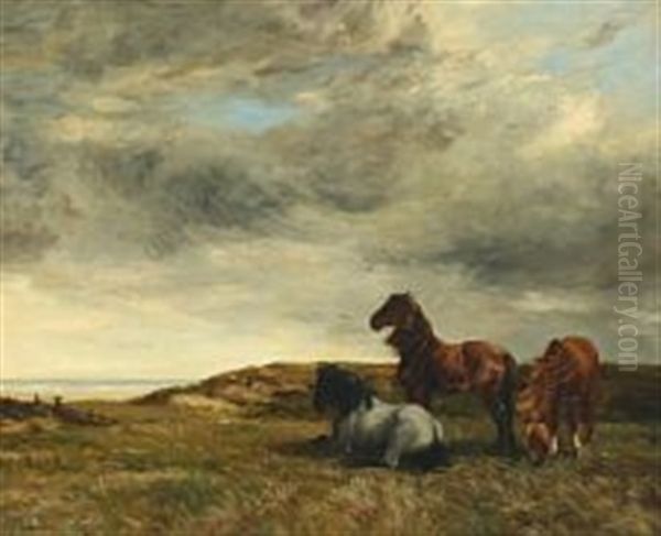 Horses In The Dunes Overlooking The Ocean Oil Painting by Charles Gosselin