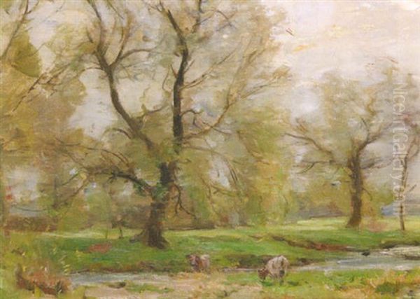 Impressionistic Spring Landscape With Cows Grazing by Charles Gosselin