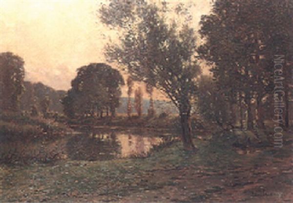 A Wooded River Landscape, Sunset Oil Painting by Ferdinand Jules Albert Gosselin