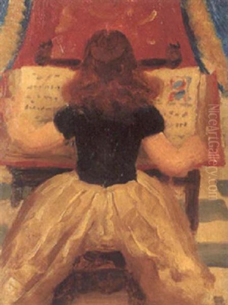 Young Girl Reading A Manuscript Oil Painting by Thomas Cooper Gotch