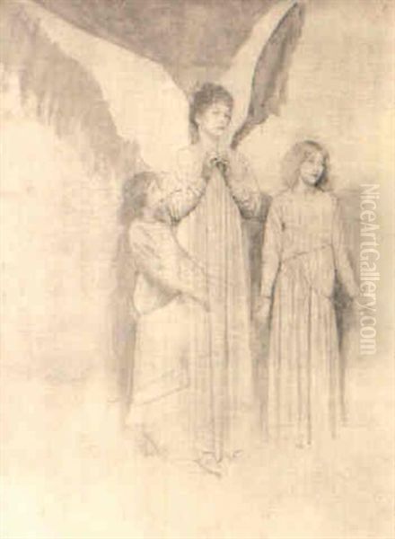 Group Of Angels In 'the Awakening' (study) Oil Painting by Thomas Cooper Gotch