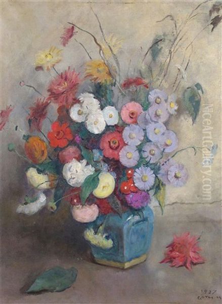 Still Life Of Summer Flowers In A Blue Vase Oil Painting by Moricz Goth