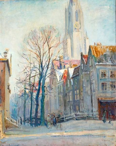 Gezicht Op De Nieuwe Kerk Van Delft Gezien Vanaf De Voldersgracht En Links De Korenbeurs Oil Painting by Moricz Goth