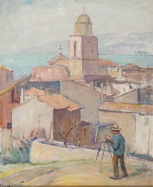 The Painter Working In St.-tropez (self-portrait) Oil Painting by Moricz Goth