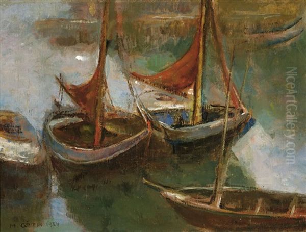 Moored Boats By The Oude Werf In Veere Oil Painting by Moricz Goth