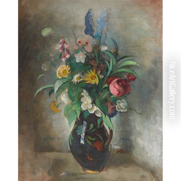 Flowers In A Blue Floral Pitcher Oil Painting by Moricz Goth