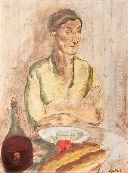 Woman By Table (double Sided Painting) Oil Painting by Leopold Gottlieb