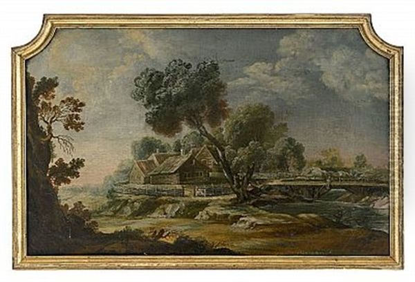 Pastoralt Landskap Med Gardsmiljo Och Fiskare - Dorroverstycke Oil Painting by Lorens (Lars) Gottman