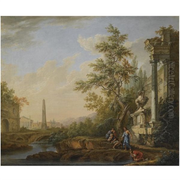 An Italianate Landscape With Figures Drinking From A River Beneath Classical Ruins, An Obelisk, A Roman Triumphal Arch And A Town Beyond Oil Painting by Lorens (Lars) Gottman