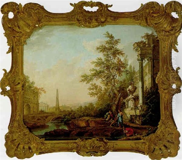 An Italianate Landscape With Travellers Resting And Drinking From A River, With Ruins And An Obelisk Oil Painting by Lorens (Lars) Gottman