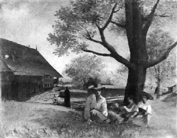 Sitzende Bauernfamilie Im Schatten Eines Baumes by Antoine de Gottrau