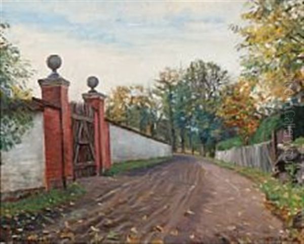 A Road With A Red Limed Entrance Oil Painting by Albert Gottschalk