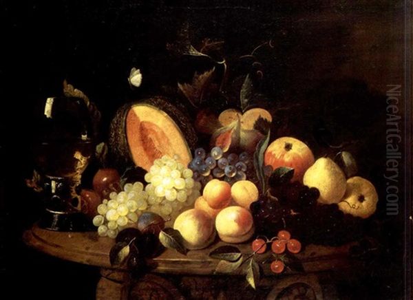 Peaches, Cherries, Grapes, Pears, An Apple, A Melon, Plums And A Roemer On A Table With A Butterfly Nearby Oil Painting by Albert Gottschalk