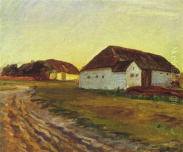 Bonderhuse I Aftensol Oil Painting by Albert Gottschalk