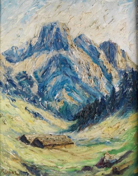 Blaue Alpengipfel Mit Schneefeldern Und Berghutten Im Tal Oil Painting by Fritz Baer