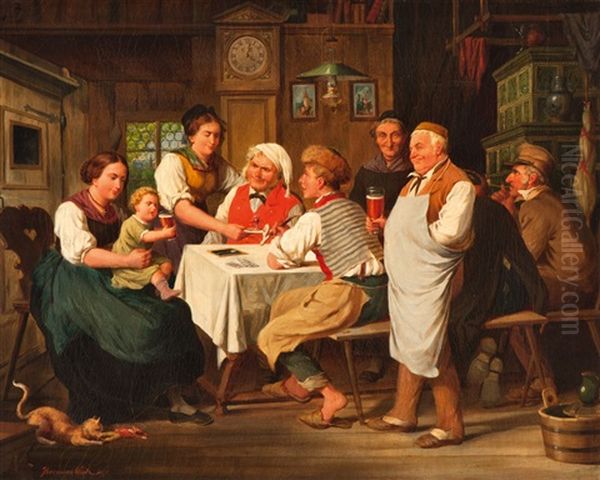 Interior Scene - The Family In The Parlour Oil Painting by Hermann Goetz