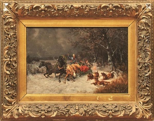 Von Wolfen Angegriffene Troika In Winterlicher Waldlandschaft Oil Painting by Eduard Goetzelmann