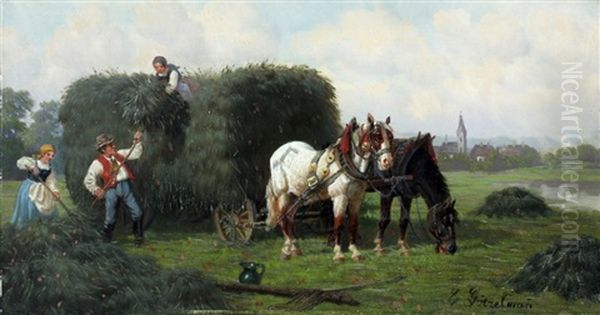 Een Landschap Met Landarbeiders Bij De Hooiwagen Met Paarden Oil Painting by Eduard Goetzelmann