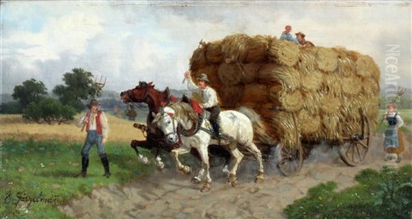 Een Landschap Met Een Hooiwagen Met Paarden En Landarbeiders Oil Painting by Eduard Goetzelmann